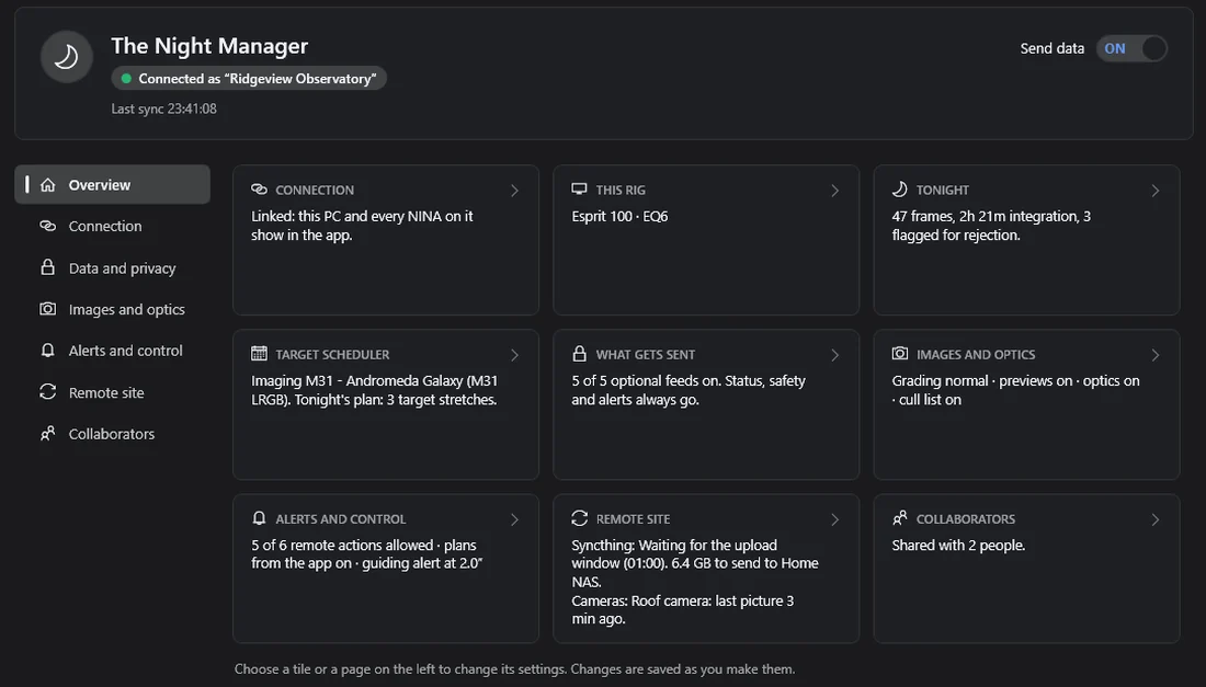 The Night Manager's options page in NINA: an overview of tiles for the connection, tonight, Target Scheduler, data, alerts, remote site and collaborators