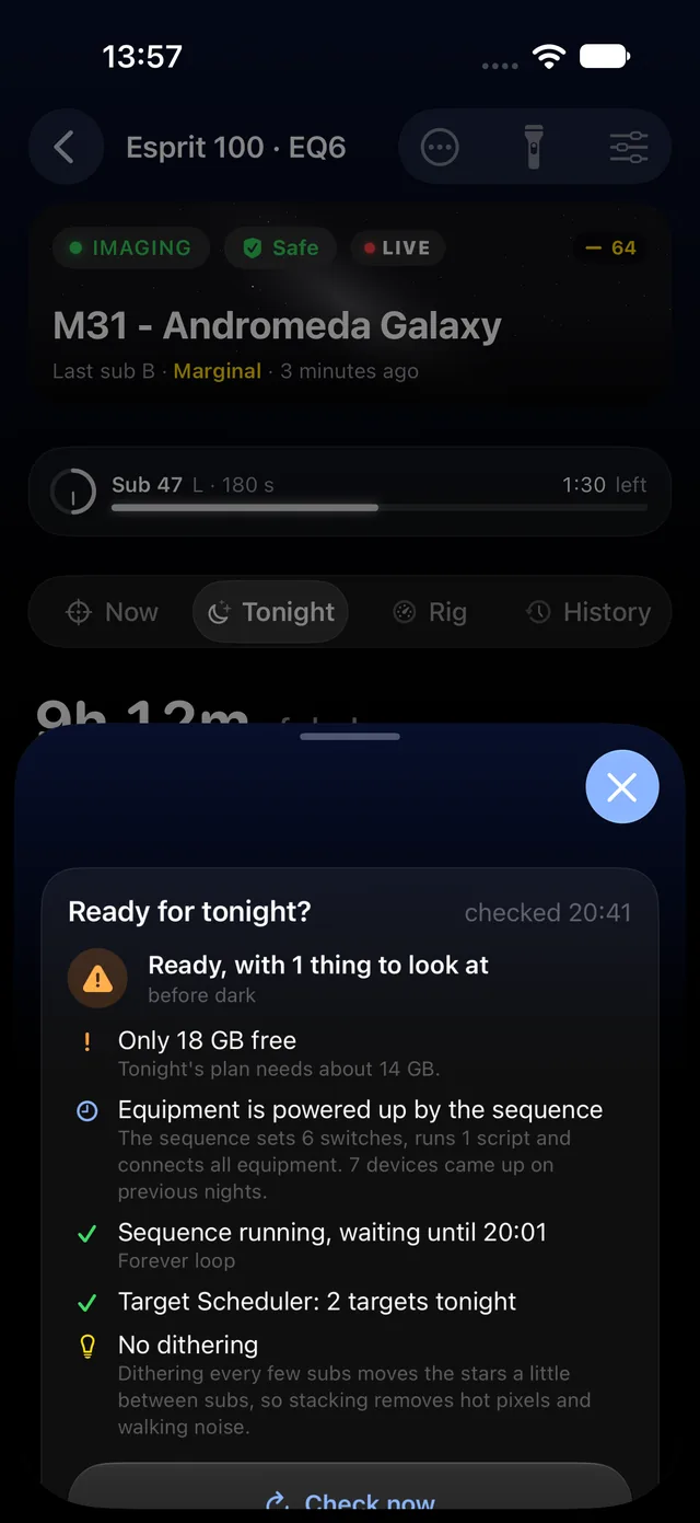 Ready for tonight: drive space, power-up by the sequence, Target Scheduler and a dithering tip
