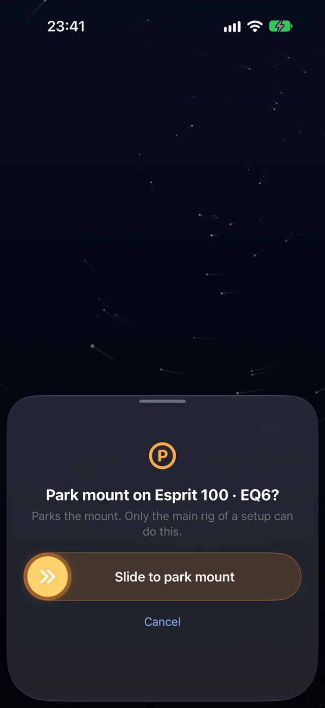 Slide to confirm before parking the mount