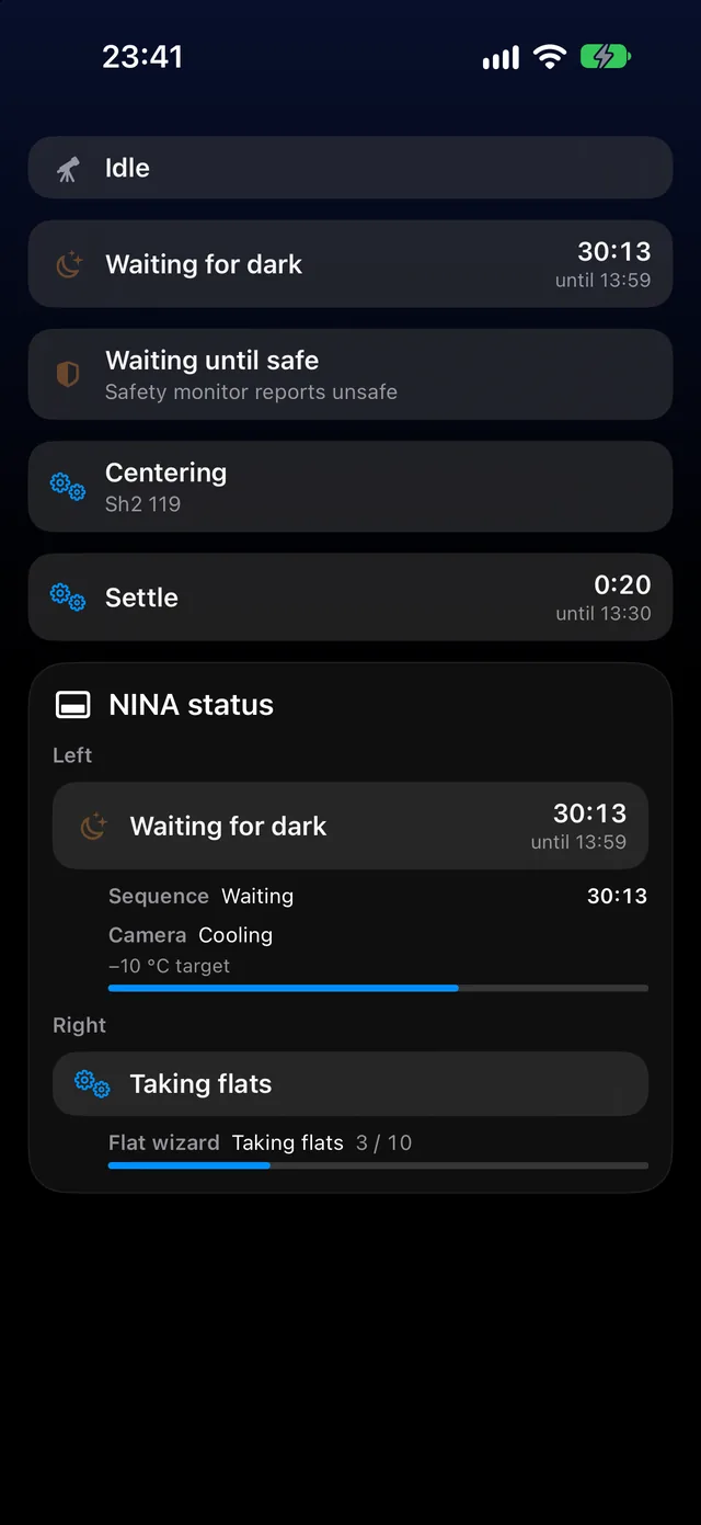 NINA status mirrored with countdowns