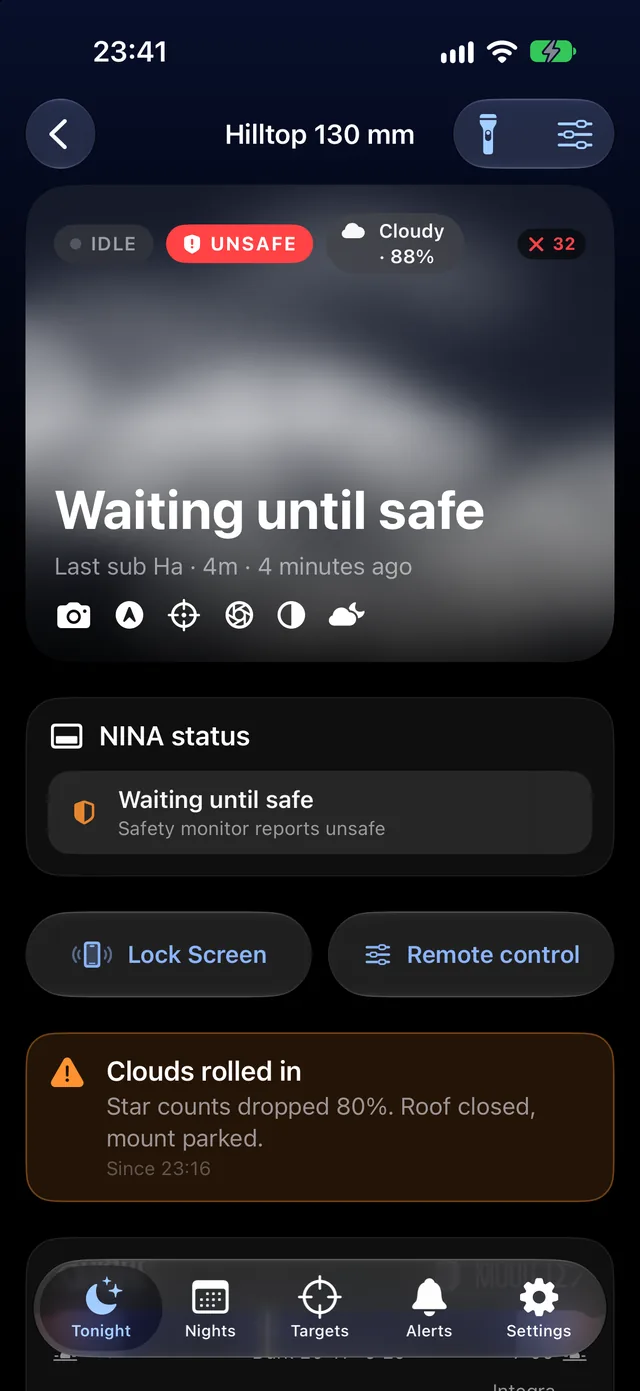 Unsafe: clouds rolled in, roof closed